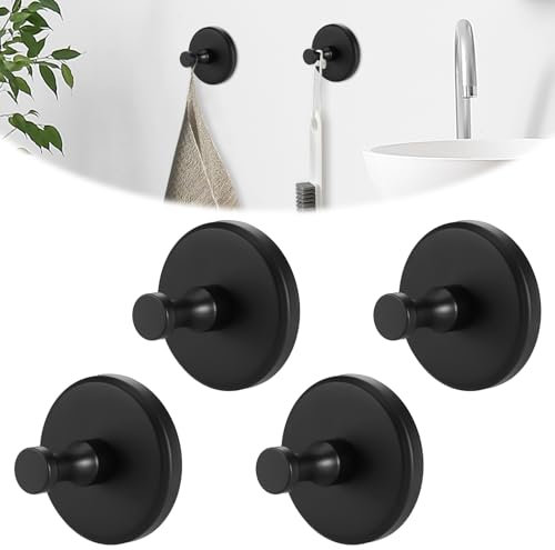 4 Pcs Suction Cup Hooks, 304 Stainless Steel Suction Hooks for Bathroom, No Drill Towel Hook for Bathrooms, Reusable bathroom accessory, Self Adhesive Hook for Shower Glass Doors, Kitchen (Black)