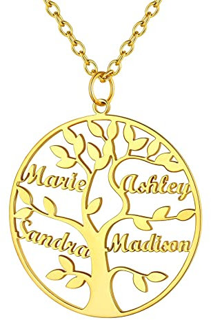 U7 Collier Pendentif Personnalisé Arbre de Vie 4 Prénoms Gravure Or Pendentif avec 4 Noms d'Arbre Généalogique à Graver Bijoux Originale pour Femme Fille