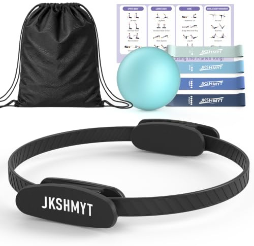 JKSHMYT Pilates Ring Set 14.5 Magic Circle, 9 Mini Ball, Resistance Bands | High Resilient Fiberglass Pilates Ring, 400 lb Anti-Burst Ball, Multi-Resistance Bands,Guide & Bag,Home Pilates Equipment Kit