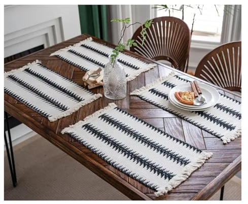 Tovagliette in cotone e lino per tavolo da pranzo, macramè, accessori moderni, sottopiatti, feste, matrimoni, decorazione da tavola (05 bianco nero)