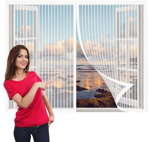 Insektenschutz für Fenster Und Türen 98 x 198 cm Insektenschutz Fliegenvorhang Magnet Ohne Bohren Total Magnetisch, Automatik-Verschluss für Windows Wohnzimmer Fenstern, Weiß