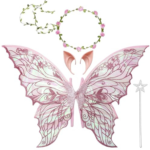 Ailes de Fée Enfant Adulte,Ailes de Papillon,Ailes de Princesse,avec Oreilles d'Elfe,Bandeau de Fée Et Baguettes de Fée Étoile,pour Halloween Carnaval Jeux de Rôle Soirée à thème