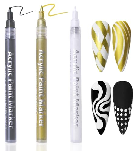 3PCS Nail Art Pens Set – Fine Point Quick-Dry Nail Polish Markers for French Manicure, Dot & Line Art, Acrylic Paint Pens for Drawing & Graffiti (Black, White, Gold)