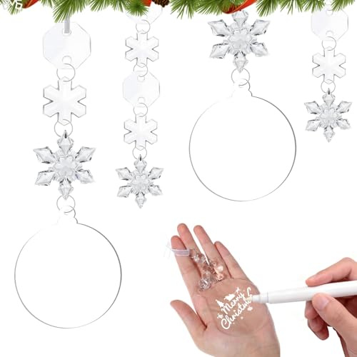 12 Stück Acryl Schneeflocken Christbaumschmuck Set, mit 1 Stück Weißer Acryl-Marker, Runde Deko Anhänger Plexiglasplatten Christbaumkugeln Plexiglasscheibe für weihnachtskuge Dekoration Basteln