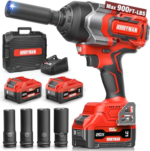 Cordless Impact Wrench, 900Ft-lbs (1200N.m) 1/2 Brushless Impact Gun, 20V High Torque Power Impact Driver, 2x4.0Ah Batteries,Brushless Motor 2400 RPM Variable Speeds for Family Car/Pickup Truck/Mower