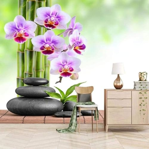 Grün Bambus Violett Blumen Kieselsteine 3D Tapeten Tapete Luxus Home Esszimmer Fototapete Effekt Wohnzimmer Schlafzimmer Kinderzimmer-430cm×300cm