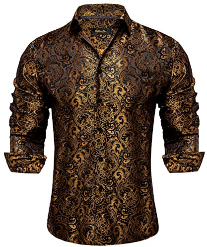 DiBanGu Mens Silk Paisley Dress Shirts,Long Sleeve Button Up Shirt，Gold，M