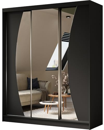 BEAUTY SOFA Vox - Schrank mit Spiegel - Kleiderschrank mit Schiebetüren - Garderobenschrank, Mehrzweckschrank, Flurschrank - 180cm breit - Schwarz Matt