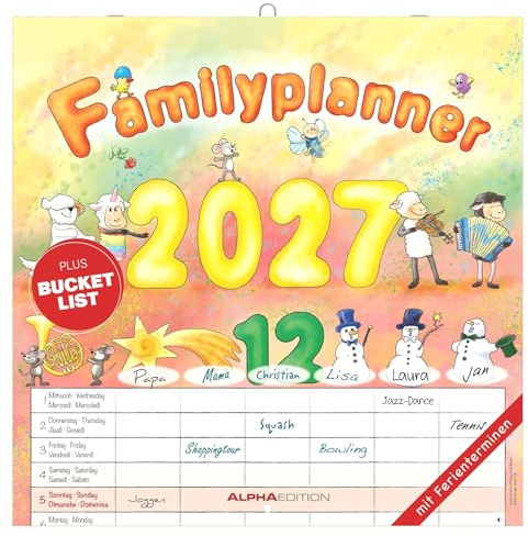 Familienplaner Cartoon 2027: Wandkalender 30x30 cm mit 6 Spalten, Schulferien & 4-sprachigem Kalendarium, ideal für Familienorganisation
