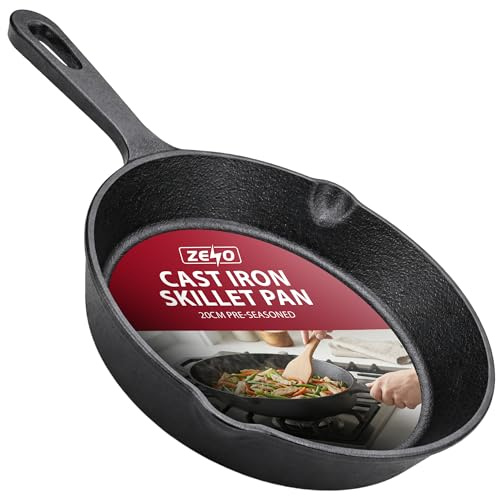 ZENO Cast Iron Skillet Pan 20CM | Pre-Seasoned Cast Iron Pan | Heavy Duty Cast Iron Frying Pan with Dual Handles | Oven Safe Skillet Pan for Hob, Grill, Oven and Camping | Cast Iron Skillet