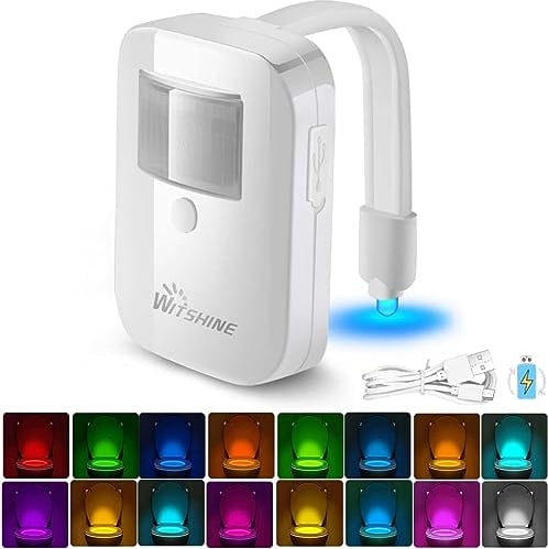 Witshine Rechargeable Toilet Night Light with Motion Sensor - 16 LED Color Inside Bowl, Cool Fun Gadgets for Bathroom Accessories Decor - Funny Stuff for Kids Dad Men and Fatherday's Gift