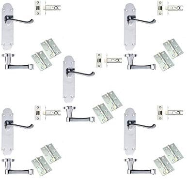 Golden Grace Epsom Design Victorian Scroll Door Handles Lever on Shaped Backplate - Latch Door Pack with Hinges & Latch - Polished Chrome, 5 Sets