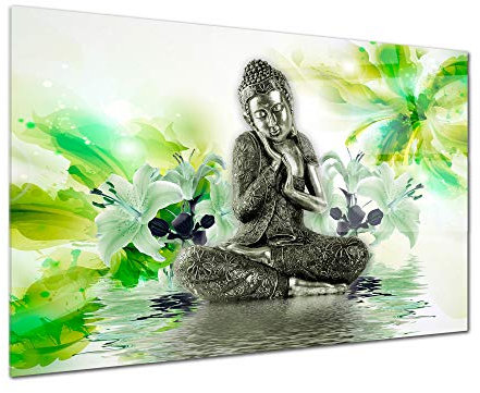 DECLINA Tableau Plexiglas Bouddha ET Fleurs Vert - Impression Verre Acrylique Zen - Décoration Murale pour déco Maison, Cuisine, Salon, Chambre, Bureau - 80x50 cm