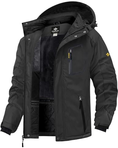 GEMYSE Herren wasserdichte Skijacke Winddichte Fleece Outdoor-Winterjacke mit Kapuze (Eisen Grau,XL)