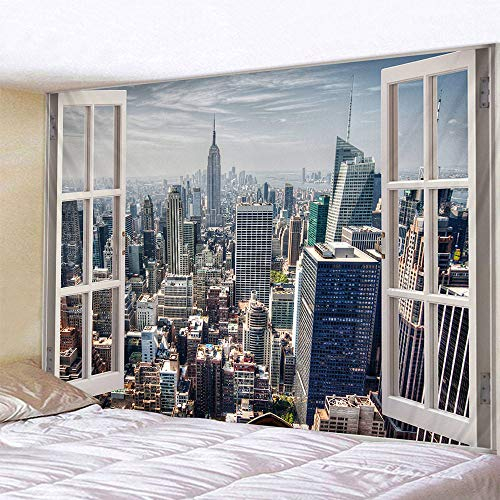 Wandteppich,Moderne Stadt 3D Fensterlandschaft New York City Empire State Building Skyline Wandteppiche Vintage Böhmische Wandbehang Dekoration Ästhetische Decke Vorhang Dekor Für Schlafzimmer Wo