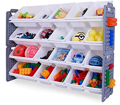 UNiPLAY Toy Organizer with 20 Removable Storage Bins, Multi-Bin Organizer for Books, Building Blocks, School Materials, Toys with Baseplate Board Frame (Gray)