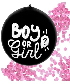 Boland 53256 - Konfetti-Ballon aus Latex, Boy oder Girl, Durchmesser bis 60 cm, schwarz-weiß, gefüllt mit Konfetti in Pink und Rosa, Luftballon, Dekoration, Baby-Party