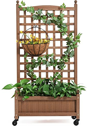 Yaheetech 50 H Raised Garden Bed with Trellis & Wheels Standing Vertical Horticulture Planter Box for Vine Climbing Plants, Flowers, Herbs Brown