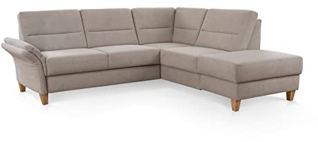 CAVADORE Ecksofa Wyk mit Federkern / Eckcouch im Landhaus-Stil mit Ottomane und Holzfüßen / 238 x 90 x 213 / Jacquard, Beige