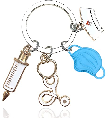 XINGXINLIAN Schlüsselanhänger Krankenschwester mit Spritze Mütze und Stethoskop, Schlüsselanhänger Medizin als Geschenk für Ärzte Krankenschwestern Medizinstudent Altenpflege