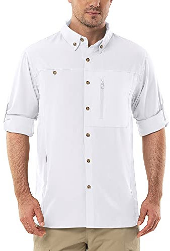Outdoor Ventures Men's Long Sleeve Safari Shirt UV Protection Hiking Shirts Quick Drying Roll-Up Button Down Shirts with 3 Pockets for Walking Fishing White L