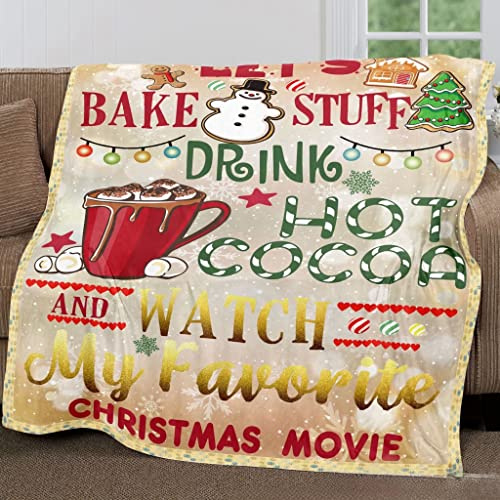 eBoutik - Christmas Keep Warm Sherpa Blanket - Large Xmas Theme Design Warm Soft & Fluffy Fleece Throw for Bed, Chair or Couch - Movie Watching, Gingerbread Men, Hot Chocolate (Gold)