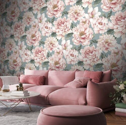 SOPHIE LAURENCE Celadon Floral Pink Duck Egg Design Wallpaper – for Modern Contemporary Looks – Add Timeless Beauty to Walls