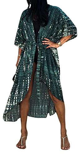 Jywmsc Womens Casual Beach Cardigan Tie Dye Open Front Long Kimono Swimsuit Cover up Deep Green