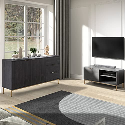 Wohnmöbel Set, Sideboard & TV Lowboard, in Esche schwarz Nb., Industrial Design, Fußgestell aus Metall goldfarben, Metallgriffe, Softclose