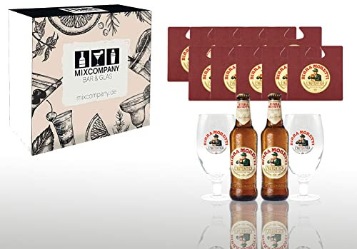 Moretti Geschenkset Birra Moretti Lautentica 2x 0,33L (4,6% Vol) + 2x Bierglas mit 0,2L Eichung + 10x Bierdeckel italienisches Bier- [Enthält Sulfite]