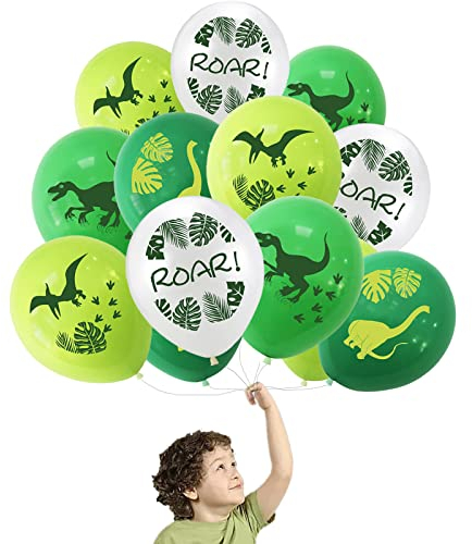 LUKIUP 40 Stücke Dinosaurier Ballon, 12 Zoll Dinosaurier Latex Luftballons, Grün Weiß Kinder Deko Dino Party Ballon mit Band für Dschungel Boys Girls Geburtstag Dekorationen