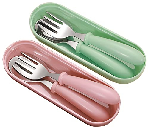 Vastsea 2 Juegos de Cubiertos para Bebé, Cubiertos Infantiles de Acero Inoxidable, Cuchara y Tenedor para Niños Pequeños, para Bebé, Niños, Casa y Viaj (Rosa, Verde)