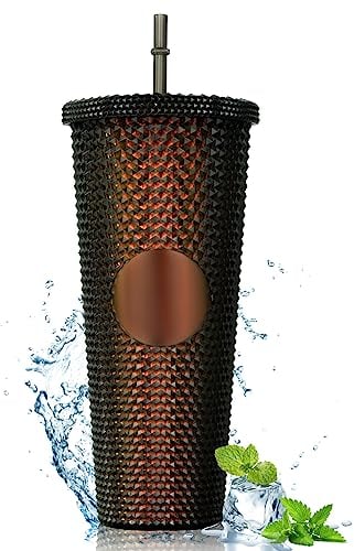 Joymaking Studded Tumbler with Straw and Lid, Double Walled Cold Cups, 24oz Studded Cup Plastic Cup Glitter Water Bottle Cups for Iced Coffee, Slush and Smoothies(Black & Gold)