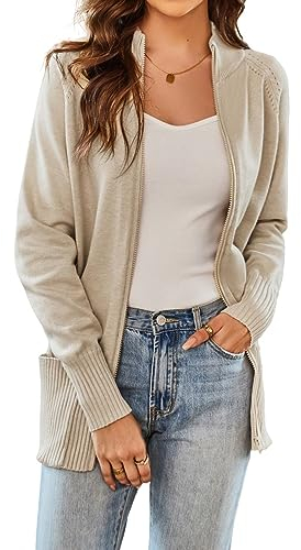 GRACE KARIN Damen Strickjacke Langarm Elegant Strickjacke mit Reißverschluss Aprikose L