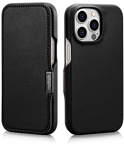 Mobiskin Hülle für iPhone 15 PRO (6,1 Zoll), Handyhülle mit Leder, Case kompatibel mit MagSafe, Schutzhülle, Handy-Tasche, Slim Cover, dünn, Schwarz