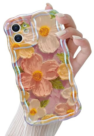 QLTYPRI Case for iPhone 12, Laser Colorful Retro Oil Painting Flower Pattern Cute Curly Wave Frame Exquisite Phone Case for Girls Women, Shockproof TPU Protective Phone Cover for iPhone 12 - Pink