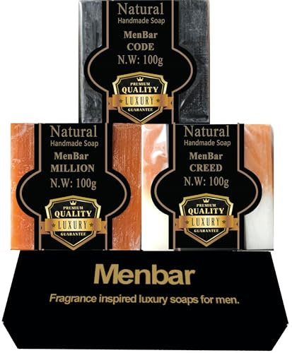 Menbar™ Luxury Soap Bars for Men UK – Top 3 Fragrance Inspired (Code, Creed, Million) 3 x 150g Organic Handmade Natural Jojoba Oil, Hyaluronic Acid & Papaya Extract – Premium Gift for Him