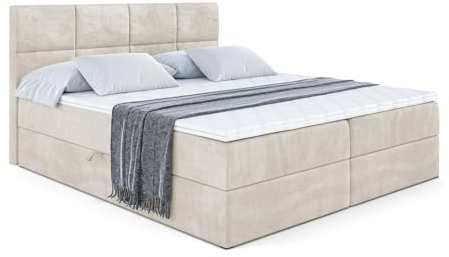ALTDECOR Boxspringbett mit Matratze und Lattenrost, Boxbett, Topper, Polsterbett mit Bettkasten, Bett mit Stauraum H3-Matratze, Doppelbett, Springboxbett - ARDENI - 180x200 Beige Samt