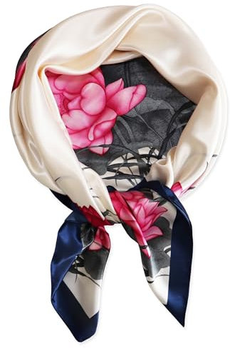 vabovin Foulard de tête en satin imprimé pour femme - Accessoire de mode - 89 cm - Carré, 99-141 Fleur de Lotus Rose Blanc, 35''x35''