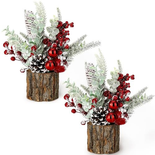 Kleiner Weihnachtsbaum, künstlicher Mini-Weihnachtsbaumschmuck mit Feiertags-Ornamenten, rote Beeren, Tannenzapfen, Grün für Zuhause, Innenbereich, Kamin, Kaminsims, Weihnachtsdekoration (2 Stück,