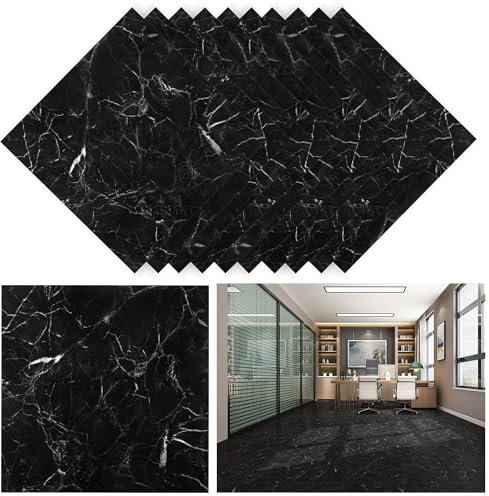 10 Sheets Vinyl Floor Tiles Stickers Self Adhesive Floor Sticker Kitchen Waterproof Marble Black Vinyl Flooring Peel and Stick Floor Tile for Living Room 30x30cm