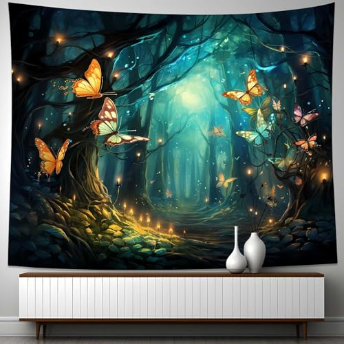 FENDROM Fantasy Forest Tapestry Aesthetic Fairy Galaxy Plant Butterfly Moon Wall Hanging for Bedroom Living Room