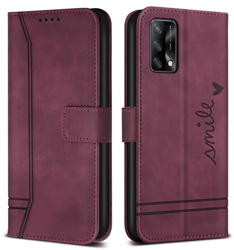 Bravoday Hülle für Oppo A74 4G / F19 4G, PU Ledertasche Handyhülle mit Kartenfäch & Kickstand, Flip Schutzhülle Kompatibel mit Oppo A74 4G / F19 4G, Weinrot