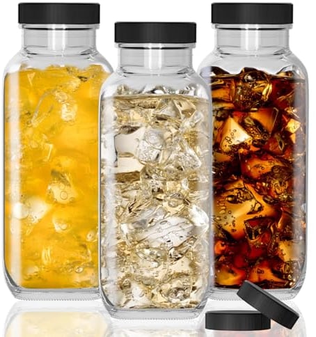 HYCKee Lot de 3 bouteilles de lait en verre avec couvercle en plastique - 500 ml - Bouteille d'eau carrée en verre pour boissons, smoothies, kombucha avec pinceau, étiquettes, 23-02000-047-01-UK