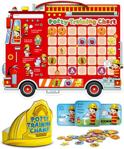Potty Training Chart with 35 Stickers, 3 Reminder Stickers and Crown for Toddlers Boys and Girls - Potty Training Rewards for Kids - Fireman