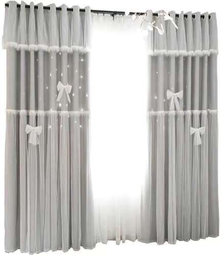 Gualiy Vorhänge Wohnzimmer 2er Set, Vorhänge Blickdicht mit Ösen 102x244CM Hohl Stern Bowknot Doppellagig Gardine Vorhang Grau Vorhang für Balkon