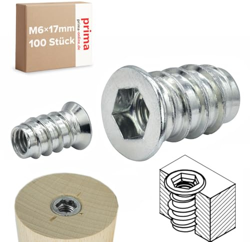 Einschraubmutter M6 x 17 mm aus Verzinktem Stahl für Holzbau & Möbelbau - 100 Stück
