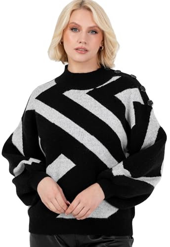 Lovedrobe Women's Jumper Ladies High Neck Long Balloon Sleeve Sweater Geometric Jacquard Button Detail Casual Knitwear Pullover, Schwarz 44-46