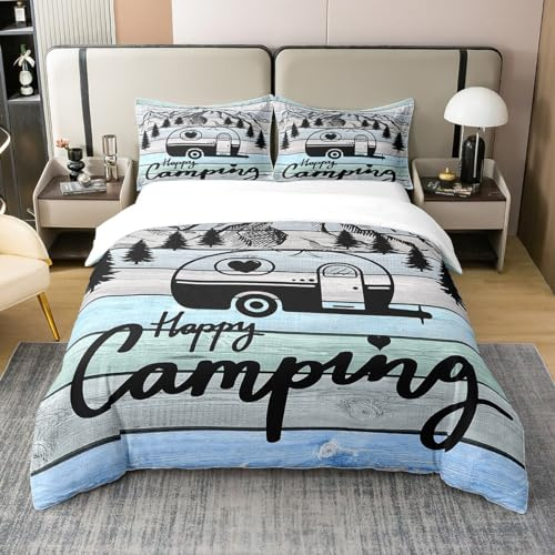 Loussiesd Camper Bettwäsche Set Happy Camping Bettwäsche Set 135x200cm 100% Baumwolle Wohnmobil Auto RV Camping Bettbezug Holz Korn Blau Dekor Bettwäsche Mädchen Rustikaler Bauernhaus-Stil Bettbezug