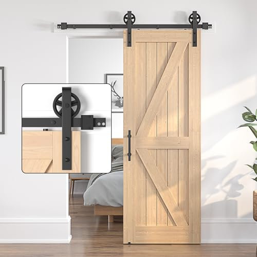 Sankeytew - Kit de porte coulissante simple en bois robuste pour porte coulissante de grange de 183 cm, rail de porte coulissante noire, grande roue